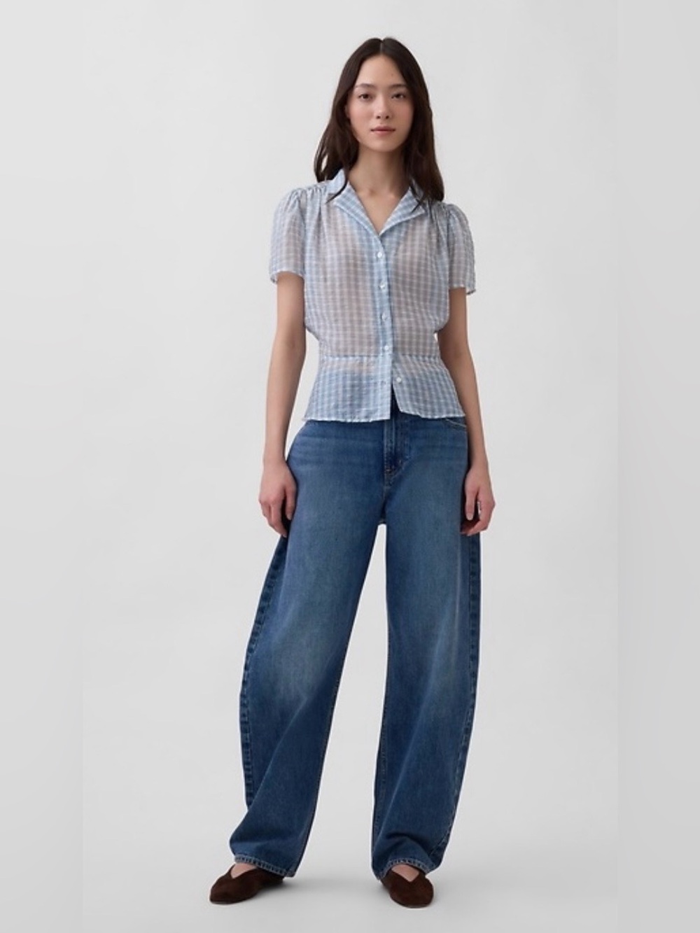 GAP sheer peplum button-front top, blue and white check, size L, NWT - Picture 3 of 9